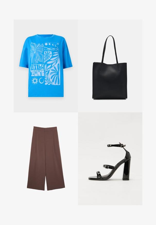 Modra bombažna majica s prenapolnjenim krojem, ki ima bel grafični vzorec cvetja, sonca in lune. Okrugli izrez in kratki rokavi.; Rjave široke hlače z gladko teksturo, ki imajo visok pas in sprednje naborke. Tkanina je lahka in prosto pada.; Črne lakirane sandale s peto, kvadratnim prstom, trakovi okrog gležnja in srebrnimi zaponkami. Opremljene so s stabilno Debelo peto.; Črna usnjena torba s svilnato teksturo, pravokotne oblike in dvema dolgima ročajema. Brez vidnih metalnih delov ali okrasnih elementov.