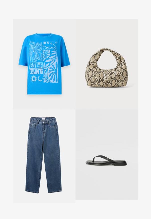 Sininen puuvillapaita, jossa on yliääninen istuvuus, ja jossa on valkoinen graafinen kuvio kukista, auringosta ja kuusta. Pyöreä pääntie ja lyhyet hihat.; Classiset siniset farkut suoran lahkeen muotoilulla, viidellä taskulla ja napillakaan. Ominaisuudet: keskivahva pesu ja kestävä rakenne.; Mustat varvastossut, joissa on sileä nahkapinta, ohut hihna ja litteä pohja, jossa on minimalistinen muotoilu. Ei huomattavia kuvioita tai koristeita.; Käärmeennahkakuosiset käsilaukku, jossa on kaareva kahva. Tehty teksturoiduista beigeistä ja ruskeista materiaaleista, joissa on erottuva timanttikuvio.