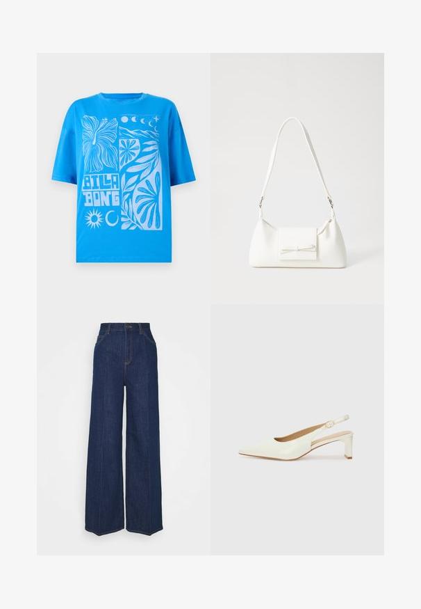 Sinine puuvillane t-särk ovaalse lõikega, millel on valge graafika lillede, päikese ja kuu motiividega. Ümar kaelus ja lühikesed varrukad.; Kõrge vöökohaga laiad tumesinised teksapüksid, millel on ees- ja tagataskud, nööpide sulgemine ning nähtavad õmblusdetailid.; Valge patentnahast slingback king, millel on terav varvas ja madal plokkkonts. Omab peent rihma koos kuldse detailiga. ; Valge sünteetilisest materjalist kott kolmnurkse kujuga, lame esiklapiga ja kaaredetailiga, reguleeritava rihmaga, sileda tekstuuriga ja minimalistliku disainiga.