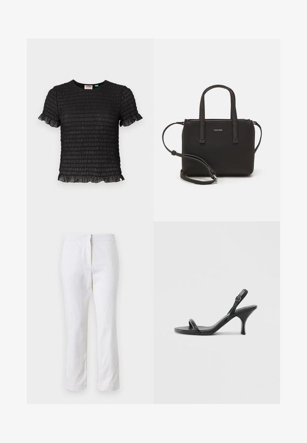Črna kratka majica s smeškom in volančki na robu. Lahka, rahlo prosojna tkanina s klasičnim okrogłym izrezom.; Beli bombažne hlače s ravnim krojem, srednje visoko pasom, brez vidnih kovinskih elementov ali vzorcev. Gladka textura po vsej površini.; Črne usnjene visoke sandale s tankim, ukrivljenim petam in obliko križanih trakov. Nastavljiv trak okoli gležnja. Gladka tekstura.; Črna torbica z dvema kratkima ročajema in odstranljivim naramnim trakom. Gladek usnju podoben material z zadrgo in podrobnostmi z logotipom.