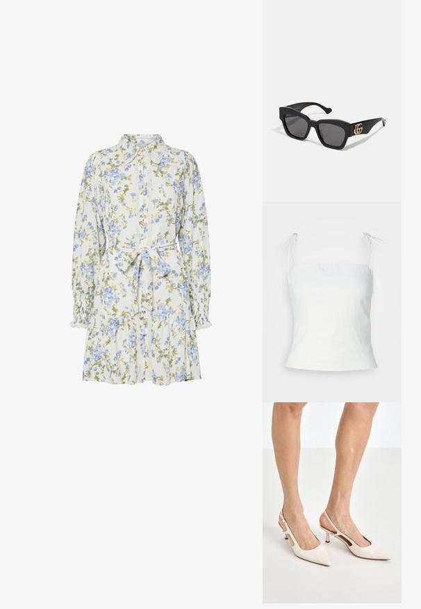 Fehér vászon top, állítható vállpántokkal, testhezálló felső résszel és enyhe ívvel a végén. Sima textúra, minimalista dizájnnal.; Fehér virágmintás ruha kék és zöld virágokkal, gallérral, gombos elülső résszel, hosszú ujjaival rugalmas mandzsettával és derékövekkel.; Beige patent bőr slingback magassarkúk hegyes orral és 5 cm-es sarokkal, kivágott oldalakkal és vékony bokapánttal.; Fekete, téglalap alakú napszemüveg sötét lencsékkel, oldalt arany GG logóval. Fényes műanyagból készült, egyenes szárakkal.; Fehér virágmintás kézitáska gyűrt szövet felülettel, aranyszínű lánccal és fémetaljzattal. Textúrázott szirmokkal készült a részletesebb megjelenés érdekében.; Gyöngyökből és kristályokból készült nyaklánc, kerek, gyöngyös mintával, világos árnyalatokban, váltakozó gyöngyökkel és csillogó díszítésekkel, a nyakon viselve.