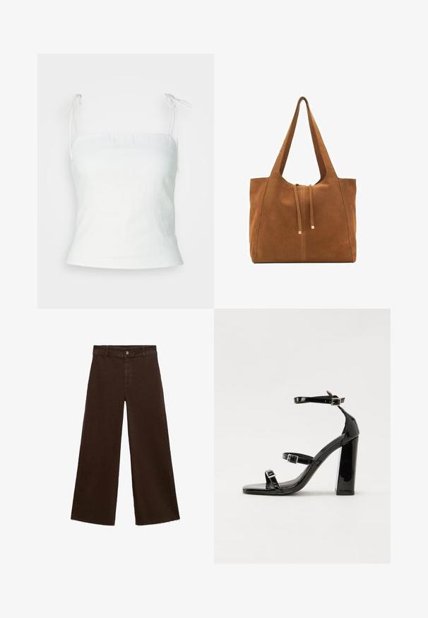 Bielizňový biely top z ľanového materiálu s nastaviteľnými ramienkami, priliehavým telom a miernym rozšírením na leme. Hladká textúra s minimalistickým dizajnom.; Hnedé široké nohavice z bavlnenej zmesi, s roztrhnutým lemom, predným zapínaním na gombík a klasickým dizajnom s piatimi vreckami. Minimalistické a všestranné.; Čierne lakované sandále na podpätku so štvorcovou špičkou, navlečenými remienkami okolo členku a striebornými prackami. Disponujú masívnym blokovým podpätkom pre stabilitu.; Hnedá semišová taška cez rameno s dvoma dlhými popruhmi, sťahovacou šnúrkou a minimalistickým dizajnom. Hladký povrch a žiadne viditeľné kovové doplnky.