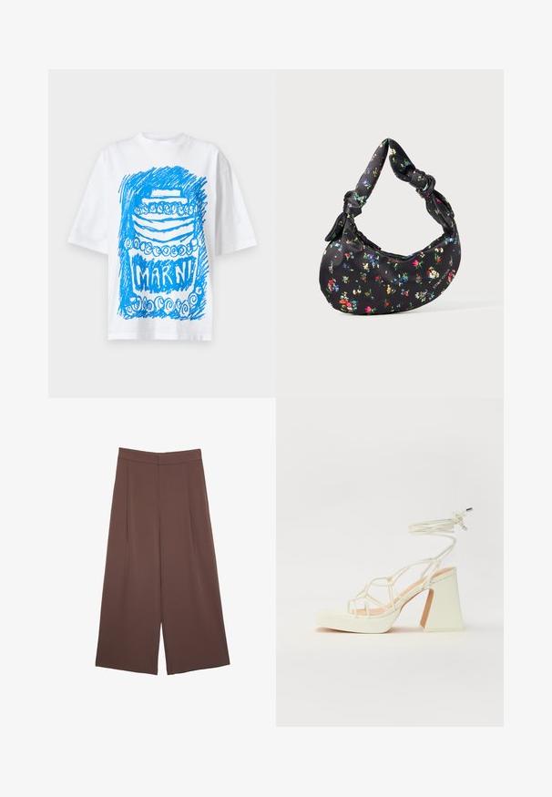 Hvid kortærmet t-shirt med et blåt mønstret kagegrafik og teksten "MARNI" i fed skrift nedenfor.; Brune bredbunde bukser med en glat tekstur, der har høj talje og plisseringer foran. Stoffet er let og falder løst.; Hvide højhælede sandaler med en kraftig hæl, der har et stropdesign og ankelbinding. Glat tekstur med en platform foran for ekstra højde.; Sort halvmåneformet handbag med farverigt blomstermotiv og knudrede håndtag, der har et lille metallogo i nederste højre hjørne.