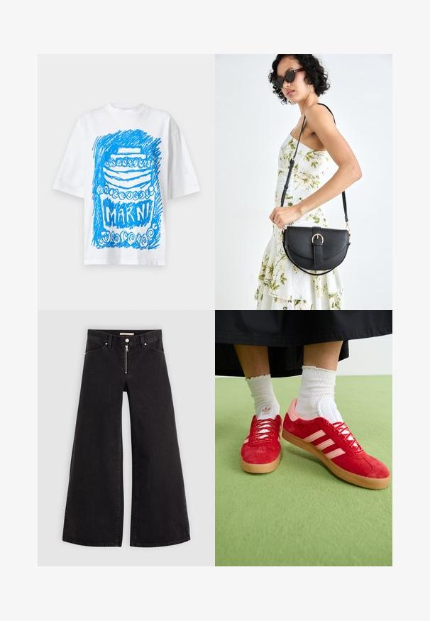 Valge lühikeste varrukatega T-särk, millel on sinine mustriga koogi graafika ja allosas julge fontidega tekst "MARNI".; Laiad teksad mustast denimist, millel on lukuga eesmine osa, viie taskuga disain ja peened õmblusdetailid. Sile tekstuur ja juhuslik stiil.; Punased sametist spordijalatsid roosade aktsentide, valge kolme triibuga logo ja punaste nööpidega. Kandmine valgete ribikreemide sokkidega rohelisel pinnal.; Mustmust mustraha kõverate joontega, eemaldatava rihmaga ja kuldsete detailidega. Kotil on klapp, millel on pandladetail.