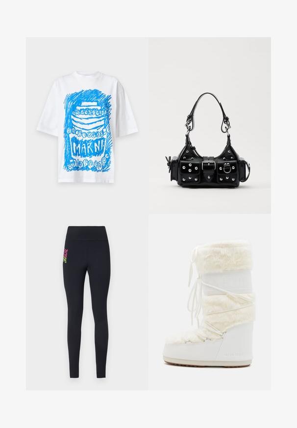 Valge lühikeste varrukatega T-särk, millel on sinine mustriga koogi graafika ja allosas julge fontidega tekst "MARNI".; Mustad mustad leggings, mis on valmistatud venivast materjalist, kõrge vööümbermõõduga ja vasakul puusal värvilise vertikaalse brändinguga roosa ja rohelise värviga.; Valge kuu saabas, millel on kunstkarv ülaosa, läbi joonitav esiosa ja kummist tallad. Tekstureeritud viimistlus ja reljeefne logo küljel. Tammeline, padjaga disain.; Must värvi nahast käekott, millel on kaarjas disain, hõbedased nupukesed, kinnitusahe ja kaks külgtaskut. Reguleeritav rihm erinevate kandmisvõimaluste jaoks.