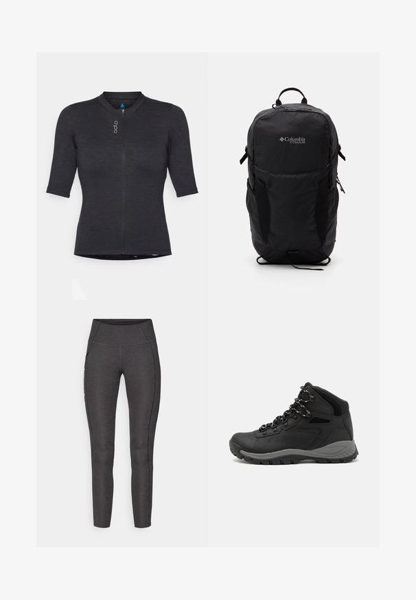 Μαύρο αθλητικό μπλουζάκι κοντού μανικιού από υφασμάτινη ύφανση με υφή; διαθέτει μπροστινό φερμουάρ και στρογγυλή λαιμόκοψη με διακριτική λεπτομέρεια λογότυπου.; Κολάν ψηλής μέσης σε σκούρο γκρι, κατασκευασμένα από υφασμάτινη ύλη με υφή. Διαθέτουν εφαρμοστό σχέδιο και πλαινές τσέπες για αποθήκευση.; Μαύρο ορειβατικό μποτάκι με μεσαίο ύψος, διαθέτει υφή στην επάνω επιφάνεια, γκρι λεπτομέρειες και ανθεκτική καουτσούκ σόλα με αυλάκια πρόσφυσης.; Μαύρο σακίδιο Columbia Titanium με λεία υφή υφάσματος, πλαϊνές τσέπες, χερούλι στην επάνω πλευρά και ρυθμιζόμενους ιμάντες. Μινιμαλιστικός σχεδιασμός με διακριτική σήμανση.