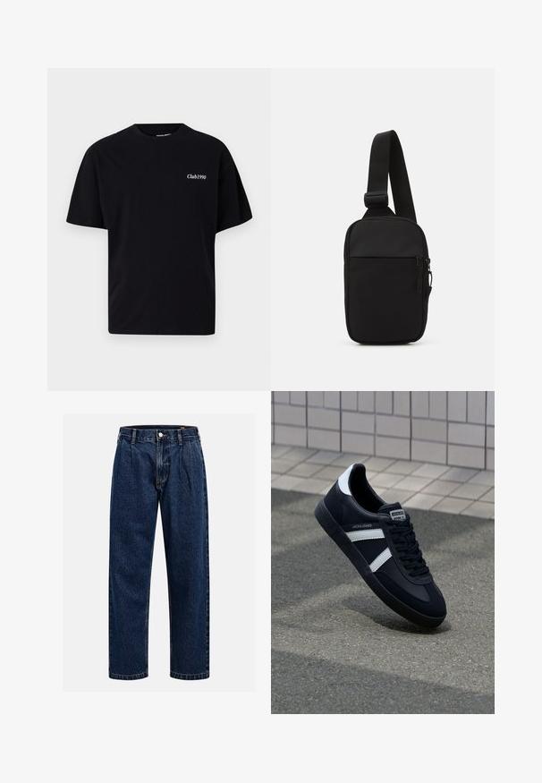 Črna bombažna majica s kratkimi rokavi in okroglim ovratnikom. Na levem prsnem predelu je bel napis "Club1990". Preprost, brez okrasitev.; Temno modri kavbojki iz denima s pravim krojem. Imajo vidno šivanje, zapenjanje na gumb in sprednje plitke za dodaten detajl.; Črne usnjene superge z belimi črtami, teksturiran gumijast podplat in zavezovanje spredaj. Imajo označeno oznako na ježku.; Črna torba za čez ramo, izdelana iz trpežnega materiala, z enim nastavljivim trakom, z glavnim predalom na zadrgo in sprednjim žepom.