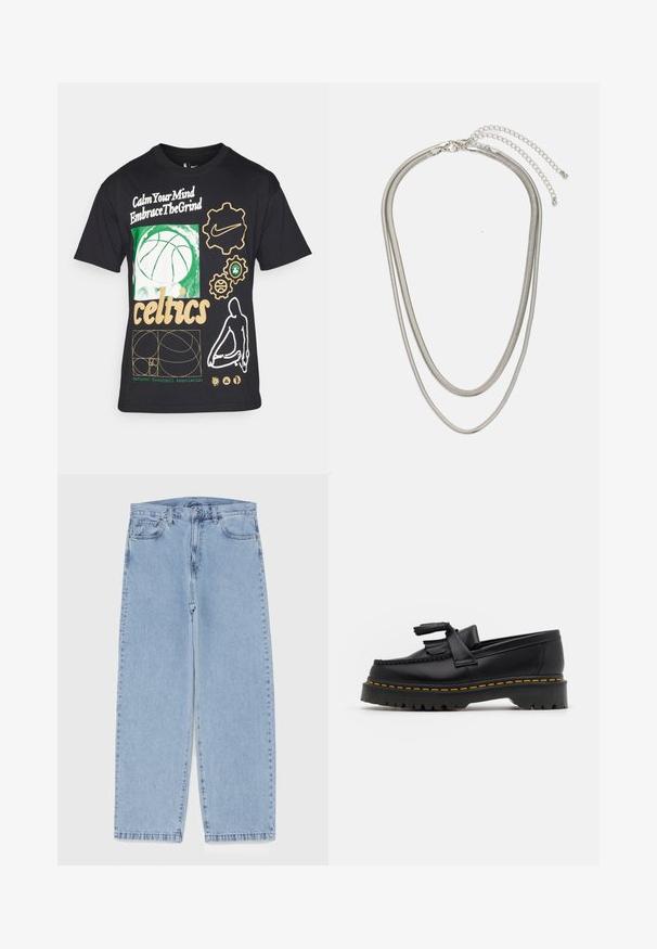 T-shirt de algodão preto com gráfico de basquetebol verde, texto branco e detalhes dourados. Inclui os logótipos da NBA e dos Celtics, com vários designs geométricos.; Jeans de denim azul claro com design de perna reta, apresentando uma cintura de altura média, cinco bolsos e um fecho de botão e zíper.; Mocassim de couro preto com um detalhe de franjas, apresentando uma sola preta robusta e costura amarela ao longo da borda. Acabamento texturizado.; Colar de metal prateado em três camadas, com correntes flexíveis e elegantes que possuem um leve brilho, fechado com um fecho de lagosta e corrente ajustável.