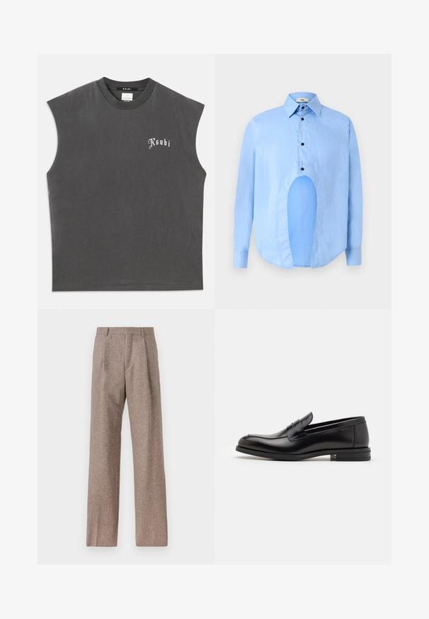 Pelēks bezpiedurkņu T krekls ar apaļu kakla izgriezumu, ar baltu "Ksubi" logo priekšā. Izgatavots no mīkstas kokvilnas ar brīvu piegriezumu.; Gaiši zils garām piedurknēm krekls ar punktētu apkakli, melniem pogām un unikālu izgriezumu priekšpusē, lai izceltu dizainu.; Brūni, augstos šortos izgatavoti no teksturēta auduma. Iezīmē plašas kājas un divas priekšējās krokas, kas nodrošina struktūru. Kārtīga apdare bez redzamām detaļām.; Melnas ādas kurpes ar gludu tekstūru, noapaļu purngalu un dekoratīvu siksniņu pāri priekšpusei. Zems sakrauts papēdis, minimālisma dizains.