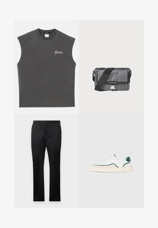 Grijze mouwloze t-shirt met een ronde hals, voorzien van een witte "Ksubi" logo aan de voorkant. Gemaakt van zachte katoen met een relaxte pasvorm.; Zwarte katoenen broeken met een rechte pijp, uitgerust met een sluiting met een voorste knoop en zijzakken, gladde textuur, zonder zichtbare patronen.; Witte lage sneakers met groene accenten, beige suede details en een crème-kleurige zool met een geribbelde onderkant.; Zwart en grijs gestreepte schoudertas met een geometrisch ontwerp, ritsluiting en een accent van zilverkleurig beslag. Inclusief verstelbare schouderriem.