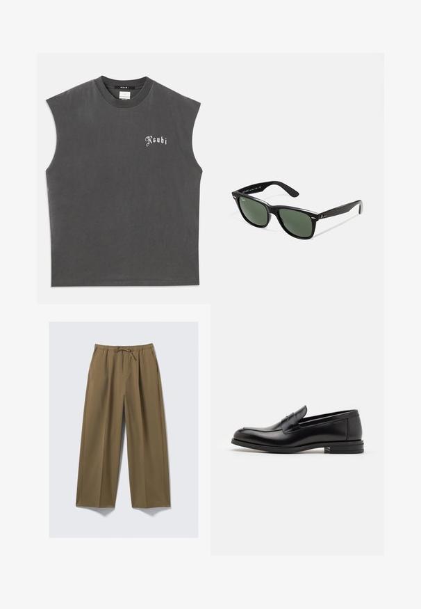 Szara bezrękawnikowa koszulka z okrągłym dekoltem, z białym logo "Ksubi" z przodu. Wykonana z miękkiej bawełny o luźnym kroju.; Szerokie spodnie w kolorze oliwkowym, wykonane z miękkiej tkaniny z elastycznym pasem i regulowanym sznurkiem. Posiadają dwie boczne kieszenie.; Czarne skórzane mokasyny o gładkiej fakturze, zaokrąglonym nosku i dekoracyjnym pasku na przodzie. Niski, warstwowy obcas, minimalistyczny design.; Czarne plastikowe okulary przeciwsłoneczne z zielonymi szkłami, kwadratowe oprawki, srebrny akcent na brwi oraz fakturowane ramiona temple. Nazwa marki podana na wewnętrznej stronie ramion.