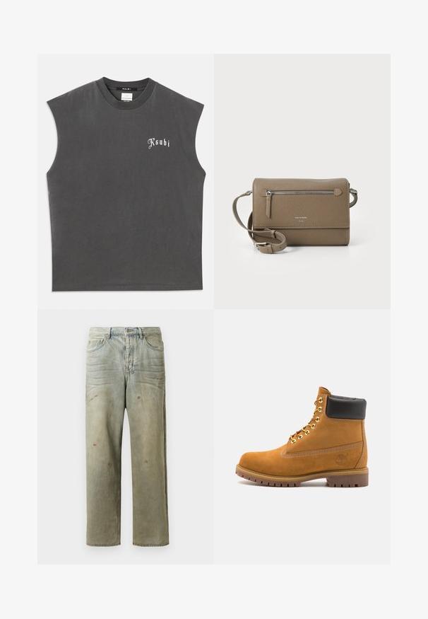 Šedý bezrukávový tričko s okrúhlym výstrihom, na prednej strane s bielym logom "Ksubi". Vyrobené z mäkkej bavlny s voľným strihom.; Zničené džínsy vo svetlozelenej farbe s rovnými nohavicami, piatimi vreckami a nerovnomerným vyblednutím so škvrnami od farby.; Tyrkysové semišové členkové topánky s čiernym polstrovaným golierom, zlatými kovovými očkami, bielym prešívaním a robustnou gumovou podrážkou s výraznými drážkami.; Taupe kožená crossbody taška so zipsovým predným vreckom, nastaviteľným popruhom, textúrou z granitového kameňa a embosovaným logom na prednej strane.