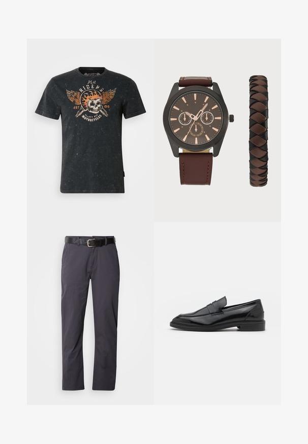 Juodas trumpas rankovėmis marškinėliai, pagaminti iš medvilnės su nušvitimo tekstūra. Pasižymi centriniu grafiniu vaizdu su kaukole, sparnais, liepsnomis ir persipynusiais veržliarakčiais.; Juodos medvilnės kelnės su tiesiu kirpimu, su dviem priekinėmis kišenėmis ir diržu. Audinys turi lygų paviršių ir matinį apdailą.; Juodos odinės loafers batai su lygiu paviršiumi, turintys apvalią noselę ir siaurą juostelę per viršų. Žemas sluoksnis kulnas.; Pier One SET - Laikrodis - black/brown