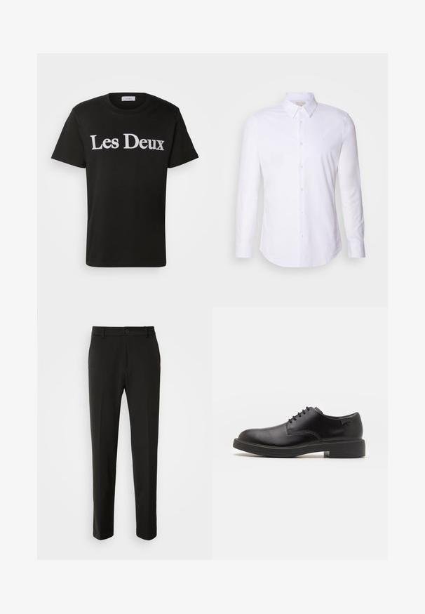 Les Deux CHARLES - Marškinėliai su spaudiniu - black/white; Balta ilgomis rankovėmis marškiniai su mygtukais, pagaminti iš lygaus audinio, su klasikiniu apykakle, priekiniais mygtukais ir subtiliu logotipu krūtinėje.; Juodi kelnes, pagamintos iš lygaus audinio, su tiesiomis kojomis, mygtuko uždarymu ir klasikiniu dizainu, tinkamu tiek formaliai, tiek kasdienei aprangai.; Juodas odinis batų modelis su raišteliais, apvaliu nosiu, lygiu paviršiumi, minimaliai siuvinėjimu ir žemu guminėmis pakulne. Ant pakulnės šalia logo.