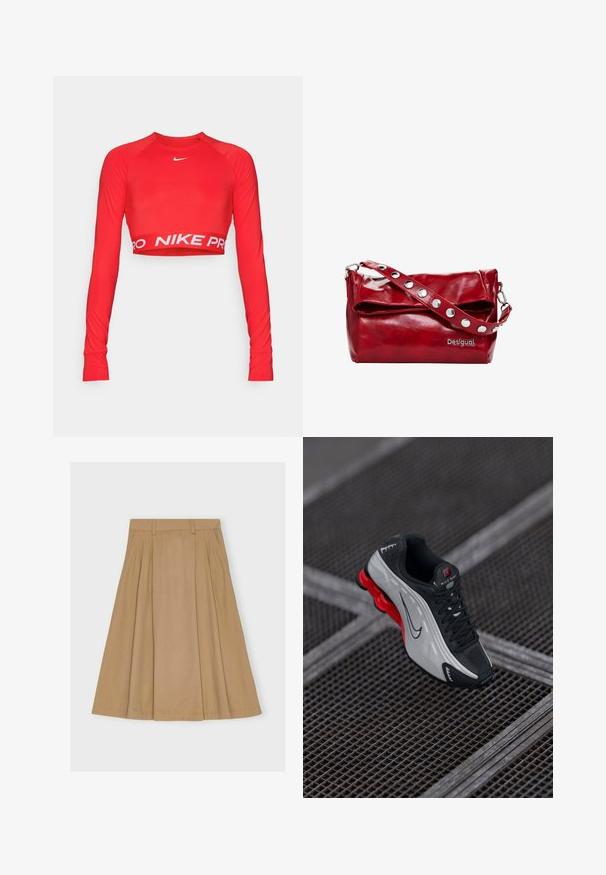 Crvena dugorukašna majica skraćena, izrađena od rastezljivog materijala, s okruglim izrezom i bijelom "NIKE PRO" trakom na rubu. Glatka tekstura, pripijen kroj.; Suknja do koljena, nabranog dizajna u svijetlo smeđem pamuku, s uskim pojasom s petljama za remen i ravnim rubom.; Crne i sive atletske tenisice s crvenim jastučićem na potplatu, crnim vezicama i swoosh logotipom, odložene na metalnoj rešetkastoj površini.; Crvena torba od sintetičke kože na rame s preklopnim poklopcem, srebrnim kopčama na remenu i otisnutim logotipom "Desigual".