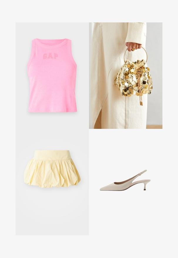 Ružový rebrovaný top na ramienkach s okrúhlym výstrihom a slovom "GAP" v tmavo ružovej farbe na prednej strane. Spodný lem je rovný.; Žltá bavlnená sukňa s objemným, zberaným dizajnom a širokým pásom. Hladká textúra a ľahká látka vytvárajú neformálny vzhľad.; Béžové lodičky na opätku s špicatou špičkou a nízkym rozšíreným opätkom. Vyrobené z hladkej kože s minimalistickým dizajnom a nastaviteľným popruhom.; Zlatá taška na šnurovanie so zaoblenou rukoväťou, zdobená lesklými okrúhlymi flitrami a texturovaným materiálom. Rozmery nie sú uvedené.