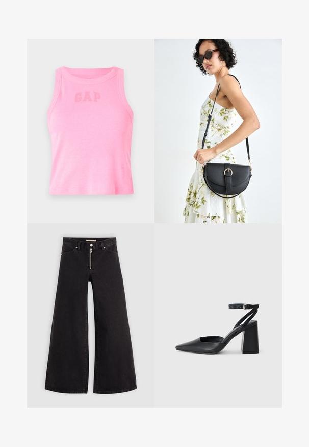 Rózsaszín bordázott ujjatlan póló, kerek nyakkivágással, az elülső részen a "GAP" felirattal sötétebb rózsaszín színben. Az alsó szegély egyenes.; Fekete denim széles szárú farmer, cipzáros elejével, öt zsebes kialakítással és diszkrét varrással. Sima textúra és laza stílus.; Fekete bőr, hegyes orrú magassarkú cipő boka pánttal és vastag sarokkal. Sima textúra, elegáns dizájn és minimális esztétika.; Fekete bőrtáska ívelt formával, levehető pánttal és arany színű fémrészekkel. A táskán egy csattal díszített fedél található.