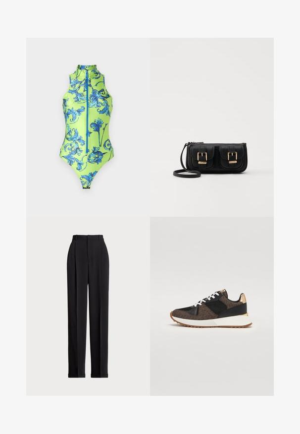 Zaļa peldkostīms ar augstu apkakli, ar zilu ziedu rakstu, ar rāvējslēdzēju priekšā un gludu, izstiepjamu materiālu.; Melnas piegriezuma bikses ar augstu jostasvietu, priekšā ar krokām, taisna kāju dizains un ar aprocēm. Izgatavotas no gludas auduma.; Sporta apavi brūnā un melnā audumā ar sietiņa detaļām, baltām šņorēm, zelta akcentiem uz papēža un baltu vidusdaļu ar gumijas zoli.; Melnas ādas crossbody soma ar divām priekšējām kabatām, zelta sprādzēm, ar rāvējslēdzēju aizdari un šauru siksnu. Strukturēta virsma un kompakta taisnstūra forma.