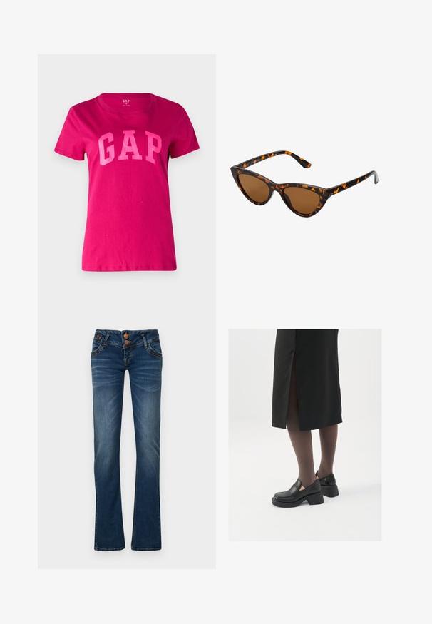 GAP TEE - T-shirt imprimé - bright beet; Jean bootcut bleu foncé avec deux boutons à l'avant, cinq poches et un léger délavage sur les cuisses et les genoux.; Chaussures noires en cuir avec un bout arrondi, un épais talon bloc et des accents latéraux élastiques, associées à des bas foncés et une jupe noire avec une fente.; Lunettes de soleil style œil de chat avec une monture en écaille de tortue noire et orange, verres marron et pointes effilées et élégantes. Présente un logo minimaliste sur la branche.