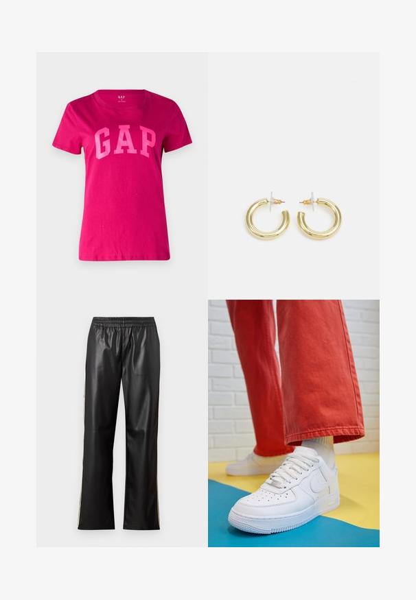 GAP TEE - Apdrukāts T-krekls - bright beet; Melnas mākslīgās ādas bikses ar elastīgu jostasvietu, taisnas kājas dizainu un kontrastējošām sānu līnijām. Gluda tekstūra un minimālisma stils.; Baltās ādas kedas ar perforētu purngalu, teksturētu zoli un baltām auklām, apvienotas ar platām sarkanām biksēm un zilu un dzeltenu fona.; Zelta auskari ar gludu, spīdīgu apdari. Apaļš dizains, kas ietver mazu tapu un caurspīdīgu pamatni drošai valkāšanai.