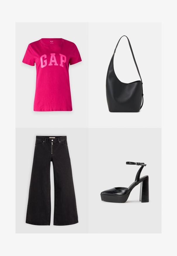 GAP TEE - T-Shirt print - bright beet; Schwarze Denim-Jeans mit weitem Bein, Reißverschluss vorne, Fünf-Taschen-Design und dezenten Stickdetails. Glatte Textur und lässiger Stil.; Schwarze Plateau-High Heels mit spitzem Zeh und verstellbarem Knöchelriemen. Gefertigt aus glattem Leder und mit einem klobigen Blockabsatz.; Schwarze Leder-Hobo-Tasche mit einer glatten Textur, geschwungener Form und einem einzelnen verstellbaren Tragegurt; verfügt über eine weite Öffnung am oberen Ende.