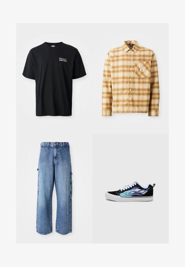 Μαύρη βαμβακερή μπλούζα t-shirt με κοντά μανίκια. Διαθέτει κεντητό λογότυπο "Dickies Donut House" στο αριστερό μέρος του στήθους. Κλασικός σχεδιασμός μπούστου με στρογγυλή λαιμόκοψη.; Καφέ και κρεμ καρό πουκάμισο με μακριά μανίκια, κατασκευασμένο από υφασμάτινο υλικό με τσέπη στο στήθος και κουμπί κλεισίματος, περιλαμβάνοντας ετικέτα στην τσέπη.; Ανοιχτό μπλε τζιν cargo παντελόνι με φαρδιά γραμμή, διαθέτοντας τσέπες στο πλάι, φθαρμένη υφή και ελαφρώς ξηλωμένο στρίφωμα.; Μαύρα σουέτ αθλητικά παπούτσια με λευκή καουτσούκ σόλα. Διαθέτουν ιριδίζουσες σχέσεις με μπλε και μωβ φλόγες. Λευκά κορδόνια και λουράκι στο πίσω μέρος.
