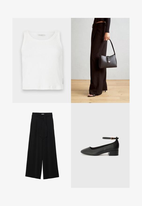 Top de tirantes blanco acanalado con escote redondo y diseño sin mangas, que presenta un dobladillo recto y una pequeña etiqueta de marca en un lado.; Pantalones de pierna ancha negros con un tejido texturizado, una cinturilla elástica y un lazo desmontable en la cintura para un ajuste ajustable.; Zapato de tacón negro de cuero con punta afilada y tacón bajo cuadrado. Presenta una correa para el tobillo con una hebilla en tono dorado. Textura suave.; Bolso negro con forma estructurada, textura suave y un cierre metálico. Combinado con pantalones anchos negros y sandalias de dedo en un suelo de madera.