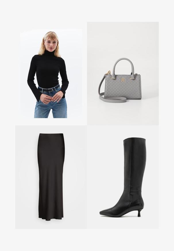Zwarte coltrui met lange mouwen, geribbelde textuur, gecombineerd met hoge taille lichtblauwe spijkerbroek en een zwarte riem met zilveren gesp.; Zwarte, vloerlange satijnen rok met een gladde textuur, een aansluitende tailleband en een A-lijn silhouet, zonder zichtbare versieringen of patronen.; Zign Laarzen - black; Tommy Hilfiger ETERNITY MICRO TOTE MONO - Handtas - universal grey