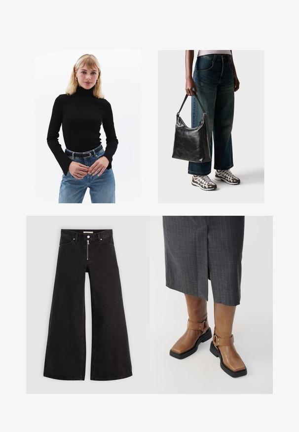 Zwarte coltrui met lange mouwen, geribbelde textuur, gecombineerd met hoge taille lichtblauwe spijkerbroek en een zwarte riem met zilveren gesp.; Wijdvallende jeans van zwarte denim met een ritssluiting aan de voorkant, vijf zakken en subtiele stikdetails. Soepele textuur en casual stijl.; Bruine leren kniehoge laarzen met een vierkante neus, zwarte rubberen zool en verstelbare gespsluiting. Draagt bij een grijze streeprok.; Zwarte leren schoudertas met een gladde textuur en een verstelbare strap, gecombineerd met vervaagde wijde jeans en sportieve sneakers.