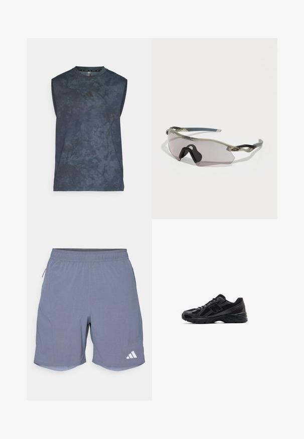 Bezrękawnik sportowy w ciemnoniebieskim kolorze z teksturowanym wykończeniem, z delikatnym wzorem i czarnym logo Adidas na klatce piersiowej.; adidas Performance - Krótkie spodenki sportowe; Czarne buty sportowe z siateczkową cholewą i syntetycznymi wstawkami, z teksturowaną podeszwą i odblaskowymi akcentami dla lepszej widoczności.; Okulary przeciwsłoneczne z przezroczystą szaro-srebrną oprawą, przyciemnionymi soczewkami oraz kanciastym kształtem. Posiadają charakterystyczny nosek oraz fakturowane ciemnoszare zauszniki.