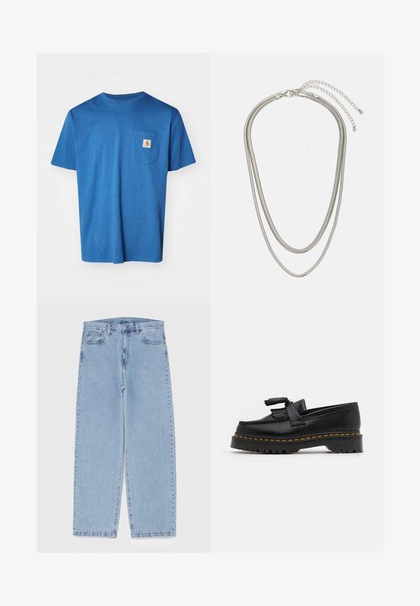 Blue cotton t-shirt featuring a crew neckline, short sleeves, and a left chest pocket with a logo patch. Smooth texture, casual design.; Light blue denim jeans with straight leg design, featuring a mid-rise waist, five pockets, and a button and zipper closure.; Black leather loafer with a tasseled accent, featuring a chunky black sole and yellow stitching along the edge. Textured finish.; Three-layered silver metal necklace featuring sleek, flexible chains with a slight sheen, secured with a lobster clasp and adjustable chain.