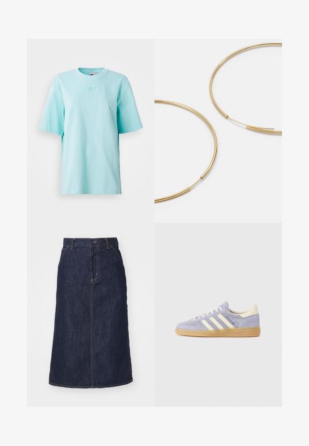 Gaiši zils, īsām piedurknēm T-krekls, izgatavots no kokvilnas. Tam ir apaļš kakla izgriezums un neliels logotipa elements krūtīs. Mīksta tekstūra.; Tumša zila džinsu svārku ar augstu jostasvietu, taisnu piegriezumu, priekšējām kabatām un šuvēm. Iekļauta rāvējslēdzēja un pogas aizdare jostasvietā.; Purpursuede tenisa ar trim baltām svītrām, gumijas zole un krēmkrāsas akcenti uz papēža un mēles. Minimālistisks dizains ar logo detaļu.; Zelta krāsas auskari gredzena formā, plāni un apaļi, ar gludu metāla apdari un bez rotājumiem vai zīmējumiem.