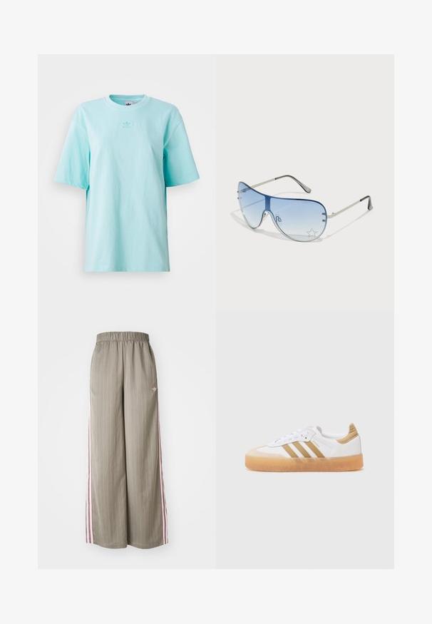 Light blue, short-sleeve t-shirt made of cotton. Features a crew neckline and a small logo detail on the chest. Soft texture.; Light olive green wide-leg pants with vertical pinstripes, elastic waistband, and pink side stripes. Features a small logo on the hip.; White sneaker with beige accents, featuring three stripes, a rounded toe, and a translucent gum sole. Smooth leather and textile materials.; Aviator sunglasses featuring a gradient blue lens, silver metal frame, and decorative star accents on the lens. Smooth and sleek design.; Silver hoop earrings with a polished finish, featuring a circular design and seamless hinges, displaying a smooth texture.