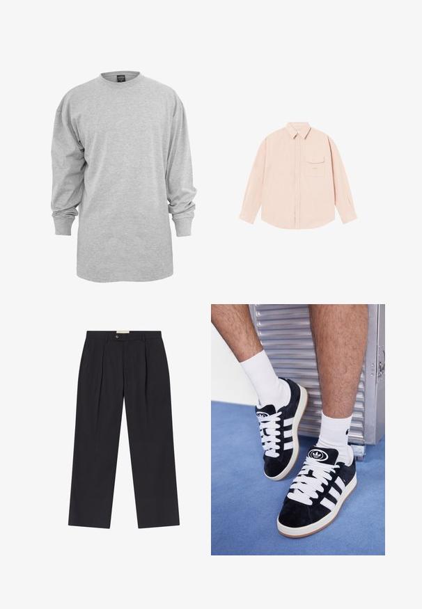 Šviesiai pilka ilgos rankovės marškinėliai pagaminti iš medvilnės mišinio. Turi apvalią iškirptę ir laisvą siluetą su riešų raštu, be raštų ar akcentų.; Šviesiai rožinė ilgomis rankovėmis marškinėliai, pagaminti iš minkštos medžiagos, su mygtukų apykakle, priekinėmis kišenėmis ir subtiliu siuvinėtiniu logotipu ant krūtinės.; Tinkamai pritaikyti tamsiai mėlyni kelnes su aukštu liemeniu, dviem priekinėmis klostėmis, mygtukų uždarymu ir tiesiomis kojomis iš lygios medžiagos.; Juodos zomšos sportbačiai su baltais raišteliais ir trimis baltais dryžiais. Ant liežuvėlio yra apvalus juodas logotipas, o pado medžiaga – guminė.