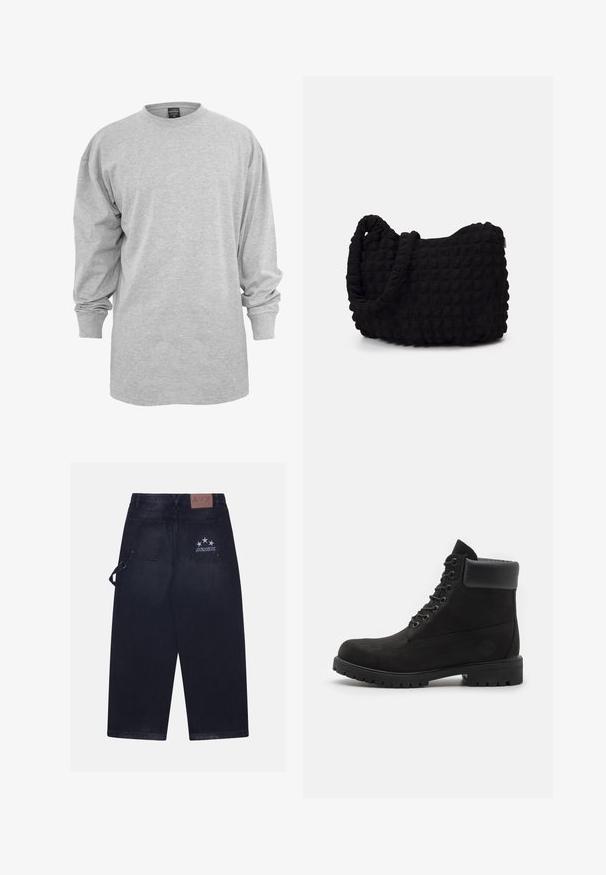 Lichtgrijze lange mouwen t-shirt, gemaakt van een katoenmix. Heeft een ronde hals en een losse pasvorm met geribbelde manchetten, zonder patronen of accenten.; Donkerdenim broek met een losse pasvorm. Bevat twee achterzakken, een leren label met logo en een vijf-sterren ontwerp op één zak.; Zwarte enkellaars met vetersluiting, voorzien van een gevoerde kraag en een robuuste zool, weergegeven in profiel tegen een witte achtergrond.; Zwarte stoffen tas met een gestructureerd, gewatteerd patroon. Rondvormig, korte, dikke handvatten en een zachte, flexibele structuur.