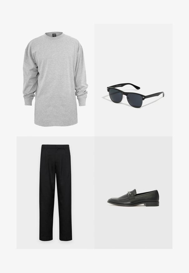 Világosszürke, hosszú ujjú póló, pamut keverékből készült. Kerek nyakkivágással és laza szabással rendelkezik, bordázott mandzsettákkal, minta vagy díszítés nélkül.; Fekete nadrág sima anyagból, egyenes szárú fazonnal, két elülső redővel és közönséges derékkal, övhurkokkal.; Fekete bőr loaferek sima felülettel, varrott mintával és díszítő fém lánccal a cipő elején. Lapos sarok.; Fekete napszemüveg, téglalap alakú, sötét lencsékkel, ezüst részletekkel a szárakon, és matt felülettel a kereten.