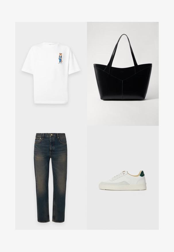 Tricou din bumbac alb, cu o croială lejeră. Prezintă un grafic colorat cu o vulpe îmbrăcată într-o jachetă din denim, plasat pe partea stângă a pieptului.; Jeans din denim albastru închis, cu o croială dreaptă, design cu cinci buzunare, închidere cu nasture și detalii de decolorare ușoară pentru textură.; Sneaker alb cu accente din suede, vârf rotund, șireturi plate și o talpă din cauciuc crem. Are un logo verde pe călcâie.; Sac din piele neagră, cu o formă structurată, având două mânere lungi și o detaliu de cusătură în formă de V în față. Textură netedă.