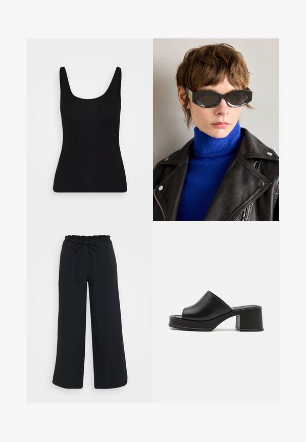 Mustat hihattomat paidat, joissa on kaareva pääntie ja leveät hihnat. Valmistettu sileästä, joustavasta kankaasta, joka tekee istuvuudestaan mukautuvan. Ilman kuvioita tai koristeita.; Mustat leveälahkeiset housut, joissa on teksturoitu pinta, joustava vyötärö, jossa on röyhelöreunat, ja säädettävä naru.; Mustat nahkaiset platform-mulongit, joissa on pyöreä avoin varvas, matala lohkarekorko ja sileä pinta. Minimalistinen muotoilu, jossa on sulavat linjat.; Mustat aurinkolasit pyöreillä reunoilla ja sävytetyillä linsseillä. Varustettu kultaisilla yksityiskohdilla temppeleissä. Yhdistetty siniseen röyhelöiseen poolopaitaan ja nahkatakkiin.