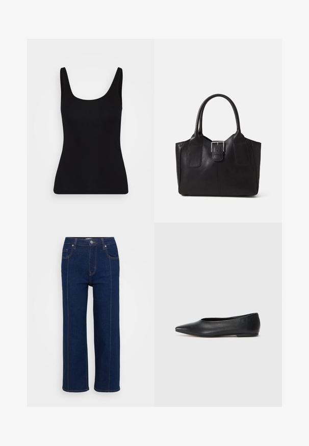 Must mustaga mustriga ja laia õlapaelaga. Valmistatud siledast, venivast kangast ja kitsas siluett. Ilma mustrite ja aksessuaarideta.; Tumedad sinised sirged teksad nööp sulgemisega, esi- ja tagataskud ning nähtavad oranžid õmblused õmblustes.; Musthave mustris balletkingad, terav nina, minimaliseeritud disain, sile pind, madal konts, ilma nähtava riistvara või kaunistusteta.; Mustgamma nahast kott, millel on sile tekstuur, struktureeritud kuju, kaks käepidet ja esiküljel silmapaistev hõbedane pandla detail.; Hõbedane kahekordne rõngas sujuva, poleeritud pinnaga. Omab voolavat, kõverat disaini, millel on kattuvad sektsioonid, et saavutada kaasaegne ilme.