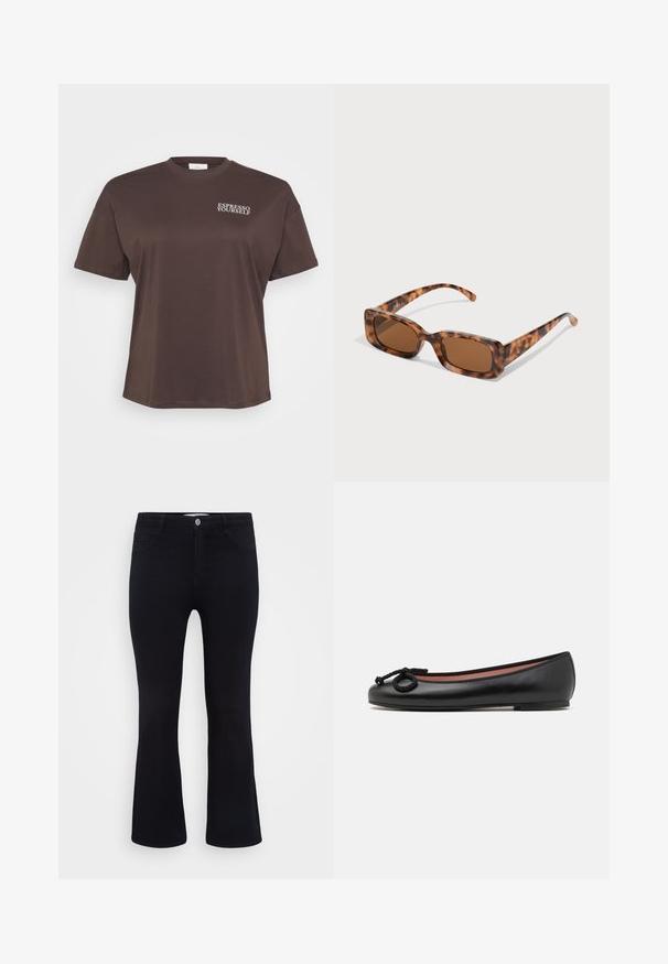 Pruun lühikeste varrukatega t-särk, millel on vasakul ülal nipsakas tekst "ESPRESSO YOURSELF" valgel. Lihtne ja mugav disain.; ONLY Carmakoma CARTHUNDER PUSH UP - Alt laienevad teksad - black denim; Mustadest nahast balleti kingad ümmarguse varbaga, kaunistatud dekoratiivse lipsuga ja siledast tekstuurist. Minimalistlik disain madala, lame tallaga.; Kilpkonna kestaga prillid, millel on ristkülikukujulised pruuni värvi objektiivid, paks raam ja peened käed, millel on erinevate pruunide toonide muster.; Hõbedased rõngaskõrvarõngad, millel on sile, läikiv viimistlus. Ümmargune kuju ja turvaline klõpsulatus. Kerge disain, sobib igapäevaseks kandmiseks.