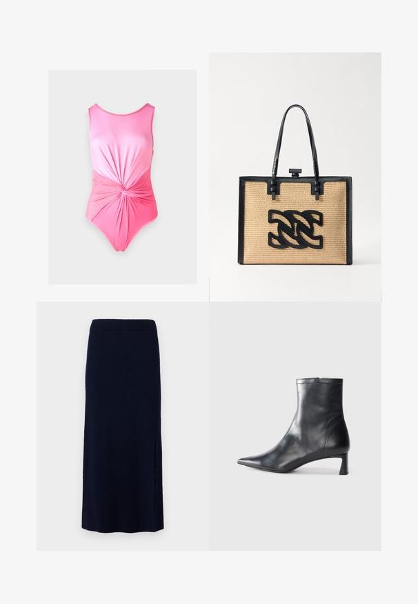 Ružový jednodielny plavky s hladkou textúrou, s uzlíkovým detailom v páse a zaobleným výstrihom.; Námornícka pletená sukňa so strednou siluetou, s bočným rozparkom pre väčšiu pohyblivosť. Tkanina vyzerá jemne a elasticky.; Čierne kožené členkové topánky s špicatou špičkou a elegantným dizajnom. Majú nízky podpätok a zips na zadnej strane. Hladká textúra.; Casadei BORSA - Kabelka - voyage panama/nero
