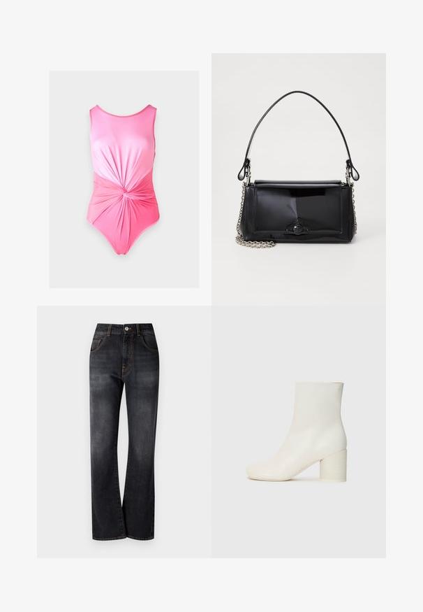 Vaaleanpunainen yksiosainen uimapuku, jossa on sileä pinta, vyötäröllä tuuhea kierretyö ja pyöreä pääntie.; Musta farkkushortseilla, joissa on suora lahje, oranssit tikkaustyylit, viisi taskua ja klassinen nappisuljenta vyötäröllä.; Valkoinen nahkainen nilkkuri, jossa on pyöreä kärki ja jykevä sylinterimäinen korko. Tasainen pinta, минималистinen muotoilu, ei näkyviä metalliosia tai kuvioita.; Musta lakattu nahkalaukku suorakaiteen muotoisena, ketjuhihnalla ja erottuvalla varustusesineellä keskellä. Siveltimellinen pinta.