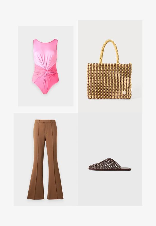 Rozā viengabala peldkostīms ar gludu tekstūru, kas piedāvā savilkuma griezumu jostas vietā un noapaļotu kakla izgriezumu.; Brūni izplešanās bikses, kas izgatavotas no gludas auduma, ar augstu jostasvietu, presētām krokām un priekšējo kabatu papildinājumam.; Brūni austs slaidu sandales ar noapaļotu pirkstu, atvērtu dizainu, plakanu zoli un teksturētu virsmu. Viegls materiāls un minimālistiska siluets.; Auduma soma brūnā un dzeltenā krāsā, ar taisnstūra formu, divām rokturu siksnām un teksturētu apdari ar redzamām šuvēm un zīmola birku.