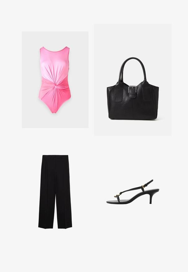 Pink one-piece swimsuit with a smooth texture, featuring a gathered twist detail at the waist and a rounded neckline.; Black wide-leg trousers with a smooth fabric, featuring pleats at the front and side pockets, designed with a straight, relaxed cut.; Black leather kitten heel sandal with thin straps, gold buckle, and minimalist toe loop on a white background.; Black leather tote bag with smooth texture, structured shape, two handles, and a prominent silver buckle detail on the front.