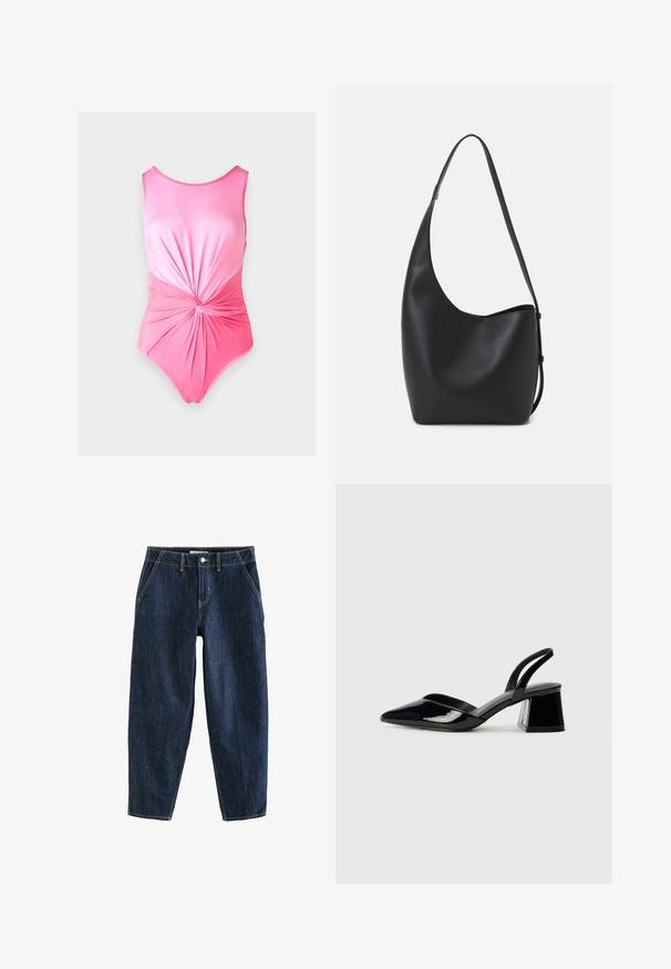 Roze badpak met een gladde textuur, met een geplooide draaibeweging op de taille en een ronde halslijn.; Donkerblauwe denim broek met een losse pasvorm, voorzien van vijf zakken, riemlussen en contrasterende gele stiksels. Schoon, textuurachtig stof.; Zwarte gepatineerde leren slingback hakken met een spitse neus en een geometrische blokhak. Kenmerkt zich door een slank, minimalistisch ontwerp en een gladde textuur.; Zwarte leren hobo tas met een gladde textuur, kromme vorm en een enkele verstelbare schouderband; heeft een brede opening aan de bovenkant.