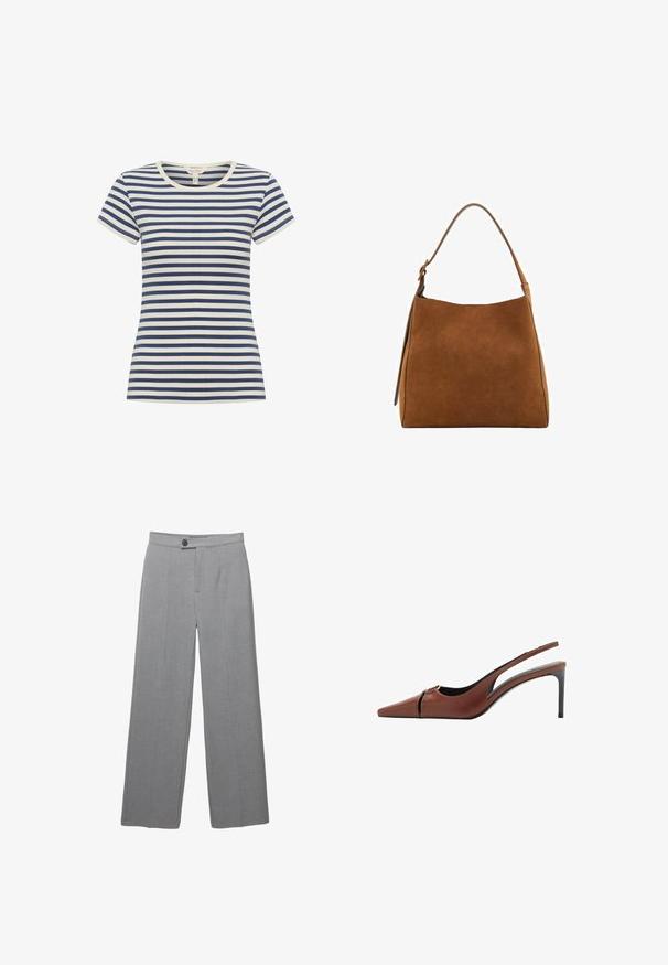 Tricou rayé în nuanțe de bleumarin și crem, cu mâneci scurte, guler rotund, fabricat dintr-un material moale, cu o croială ajustată și dungi contrastante.; Pantaloni gri, ajustați, cu picior wide, față plată și textură subtilă. Au închidere cu un singur buton și linii clare.; Sandale cu toc din piele maro, cu vârf ascuțit, detaliu decupat la vamp și un toc stiletto elegant. Textură netedă.; Geantă de umăr din suede maro, cu un vârf curbat, curea unică și textură netedă. Caracterizează un design minimalist și linii curate.