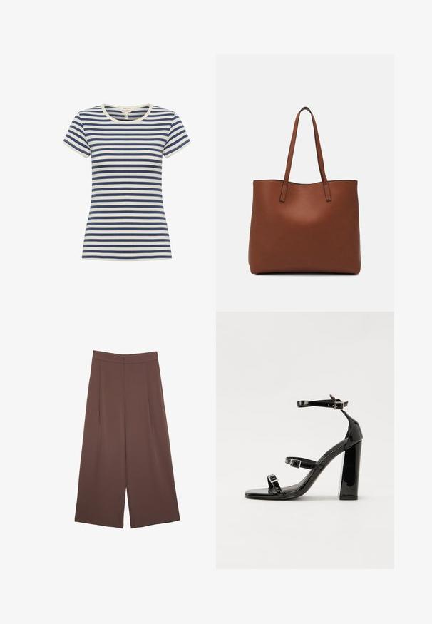 Gestreiftes T-Shirt in Marineblau und Creme, mit kurzen Ärmeln, rundem Ausschnitt, aus weichem Material mit figurnaher Passform und kontrastierenden Streifen.; Braune Weite-Leg-Hosen mit einer glatten Textur, hoher Taille und Vorderfalten. Der Stoff ist leicht und fällt locker.; Schwarze patentierte Sandalen mit Absatz, quadratischer Spitze, Knöchelriemen und silbernen Schnallen. Mit einem stabilen Blockabsatz für mehr Stabilität.; Braune Leder-Tote mit glatter Textur, offenem Oberteil und zwei Schulterriemen. Verfügt über minimale Nähte und keine sichtbaren Beschläge.