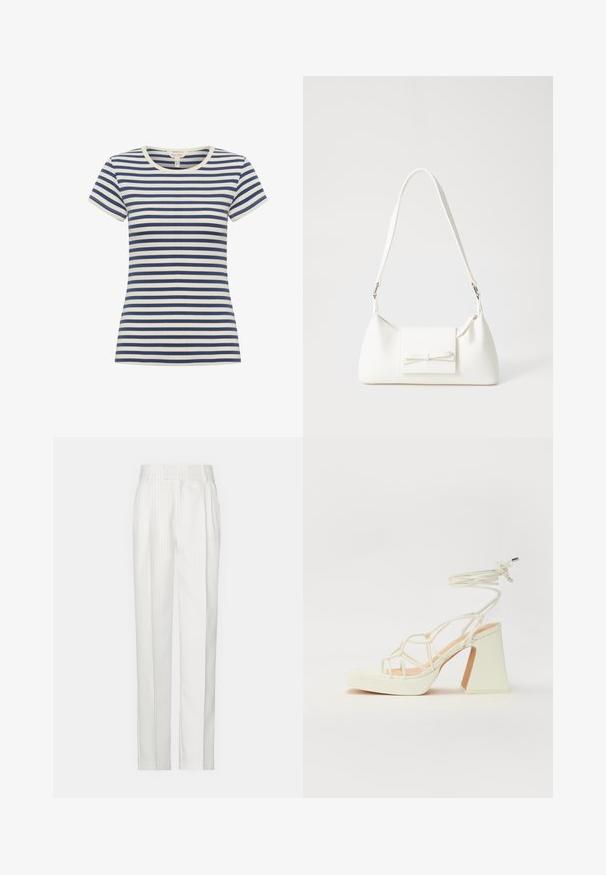 Gestreiftes T-Shirt in Marineblau und Creme, mit kurzen Ärmeln, rundem Ausschnitt, aus weichem Material mit figurnaher Passform und kontrastierenden Streifen.; Weiße Nadelstreifen-Hosen mit geradem Bein, aus leichtem Material gefertigt. Verfügt über Falten an der Vorderseite und einen traditionellen Taillenbund.; Weiße High-Heel-Sandale mit einem klobigen Absatz, die über ein Riemchendesign und ein Knöchelband verfügt. Glatte Textur mit einer Plattform vorne für zusätzliche Höhe.; Weiße synthetische Handtasche in dreieckiger Form, flache Vorderklappe und Schleifendetail, verstellbarer Trageriemen, glatte Textur und minimalistisches Design.