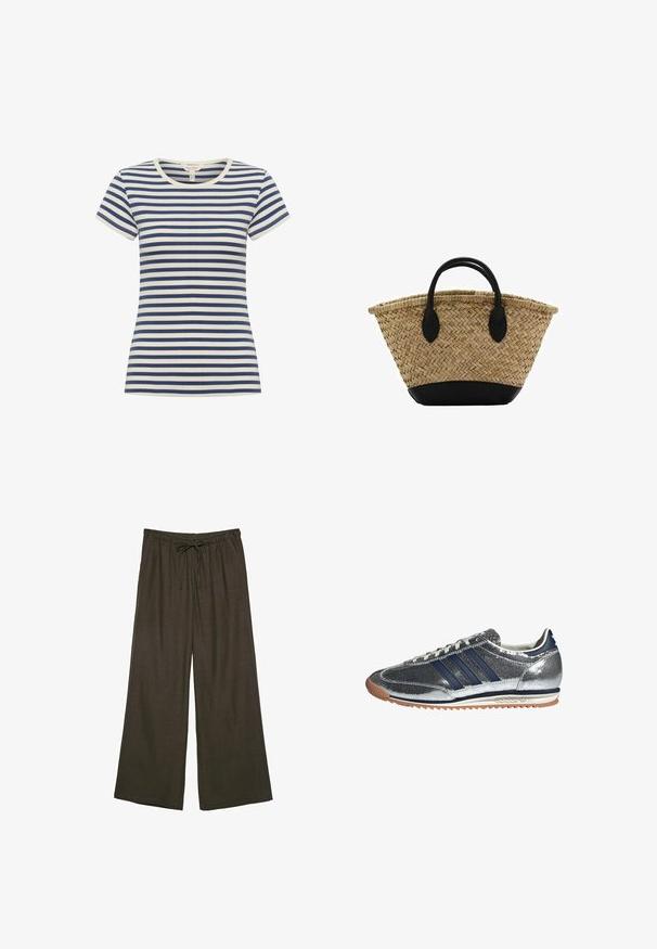 Striped t-shirt in navy and cream, short sleeves, round neckline, made of soft material with a fitted shape and contrasting stripes.; Dark brown wide-leg pants with an elastic waistband and adjustable drawstring. Made from a soft, lightweight fabric.; Silver synthetic sneaker with navy stripes, round toe, white lining, and gum sole. Features textured upper and lace-up closure.; Woven straw basket with a flared shape, featuring a black leather base and handles. Textured natural fibers with smooth black accents.; Gold-tone flower-shaped earrings with layered petals, featuring a textured finish and a central bead detail.