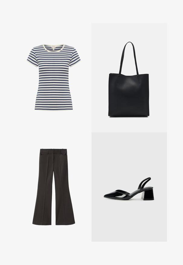 Stribet t-shirt i marineblå og creme, korte ærmer, rund halsudskæring, lavet af blødt materiale med en tætsiddende pasform og kontrasterende striber.; Sorte flagrende bukser med høj talje; har to forlommer og en glat stofstruktur. Egnet til forskellige anledninger.; Sorte patentlæder slingback hæle med spids tå og en geometrisk blok hæl. Har et elegant, minimalistisk design og en glat tekstur.; Sort læder tote taske med glat tekstur, rektangulær form og to lange hanke. Ingen synlig hardware eller udsmykninger.